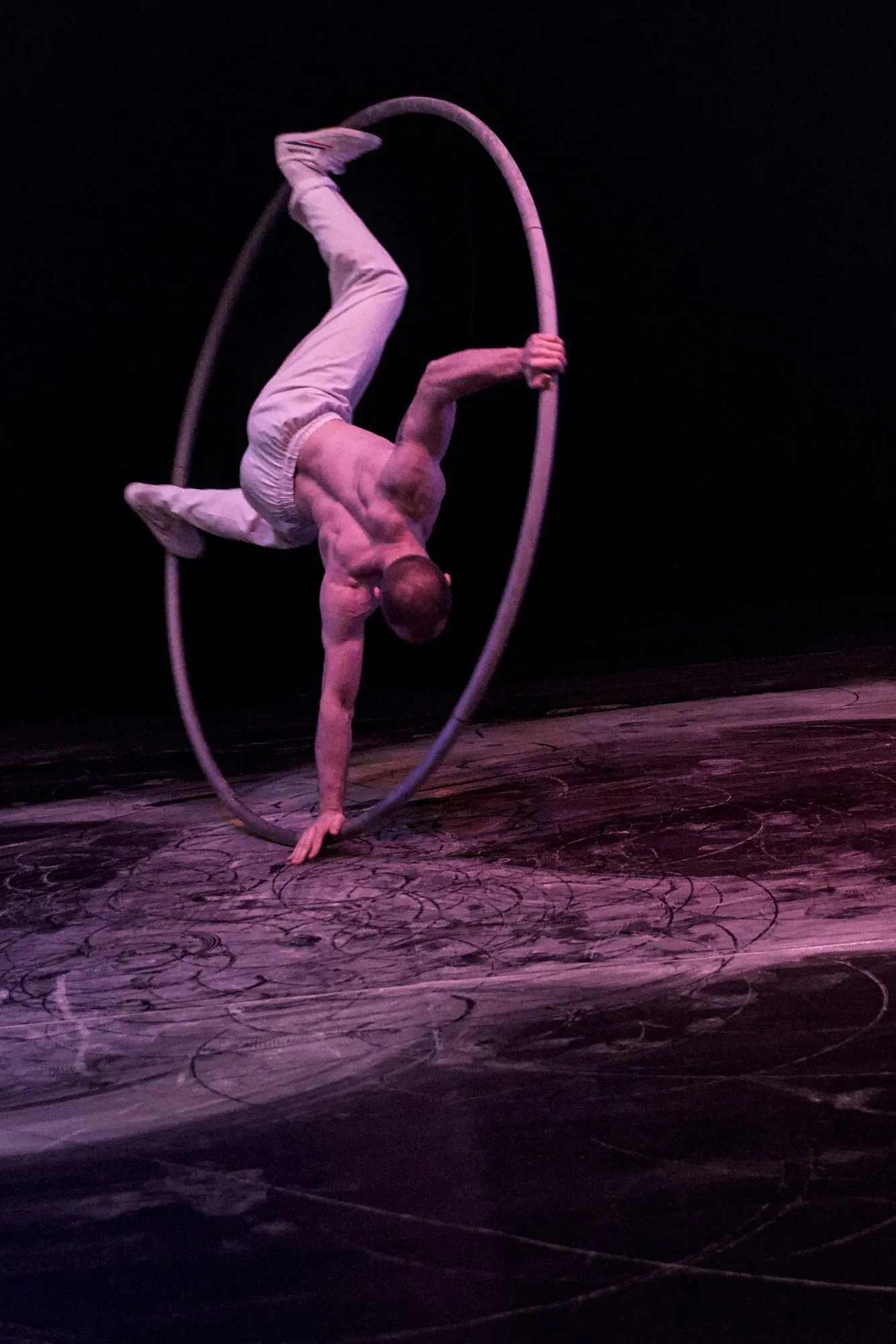 Einarmiger Handstand im Cyr Wheel auf einer Bühne in violettem Licht